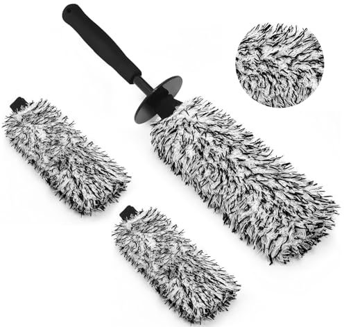 YeewayVeh 3PCS Car Wheel Cleaning Brush, Microfiber Flat Wheel Rim Cleaner Brush with 2 Extra Replaceable Wheel Brush Cover, Car Cleaning Brush Kit for Wheels Fenders Engine Exhaust Tips, Black&White