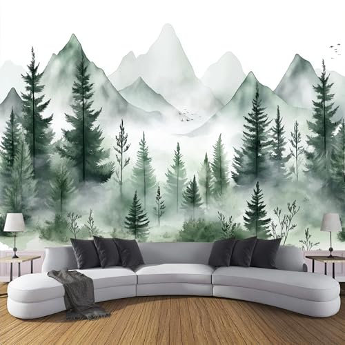 Fototapete Wald PVC Tapeten Moderne Wandtapete Wohnzimmer Schlafzimmer Aquarell Wald Tapeten Wohnzimmer Jugendzimmer Wanddeko Wandtattoo selbstklebende 300x210cm