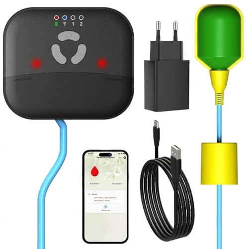 LUCKYDUO WiFi Tauchpumpen-Alarm, Hoch/Niedrig, 110dB, IP65 | Tauchpumpen-Alarm mit App-Benachrichtigung, 110dB Sirene, LED, 3m Schwimmer, IP65 wasserdicht, Keller Klärgrube Zisterne
