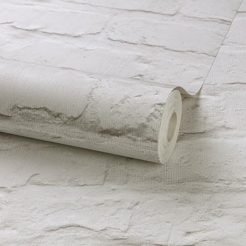 Grandeco Rustic Painted Brick Textured Wallpaper, White