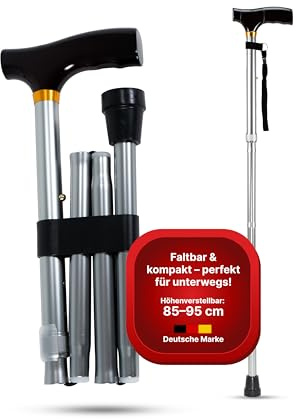 iuvas® Gehstock klappbar Silber Matt – Höhenverstellbare Gehhilfe für Damen & Herren – Leicht, stabil & rutschfest – Klappbarer Spazierstock für Senioren & Reisen – Made in Europe