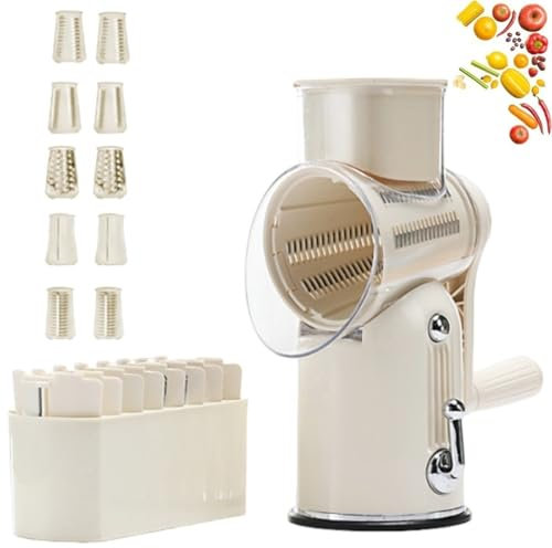 Ultimate Kitchen Ally 5 in 1 Food Chopper Grater, 5 in 1 Hand Crank Food Chopper, Preservia Gourmet Cheese Food Graters,Mandoline Hand Held Stand Mixer for Kitchen with Blade Storage Box(Beige)