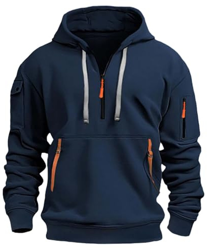 Felpa con cappuccio da uomo con mezza cerniera, taglie grandi, casual, confortevole, multi tasche, per la vita quotidiana, per il lavoro all'aperto, tinta unita