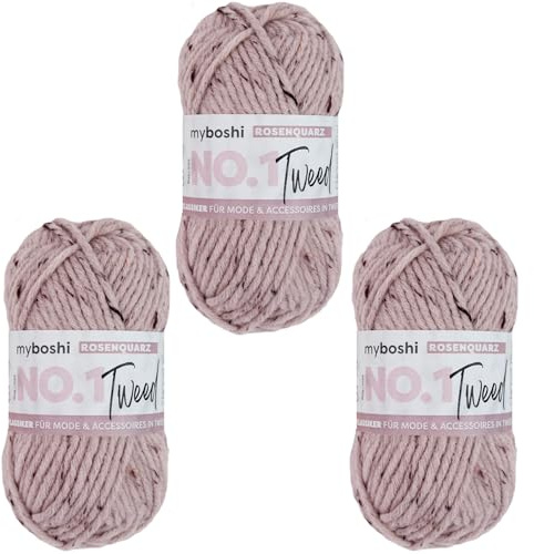 myboshi No.1 Tweed, zum Häkeln und Stricken, Schnellstrickgarn, mulesing-freie Mützenwolle, Strickwolle, Häkelwolle, 50g, Ll 55m Rosa (Rosenquarz) 3 Knäuel