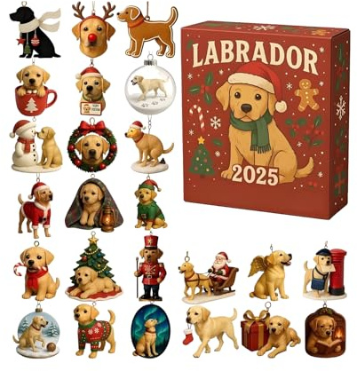 Hunde Falling Kalender 2025, 24 Tage Weihnachts Labrador Retriever Countdown Kalender, 24 Stück Verschiedene 2D Acryl Labrador Hängeornamente, Einzigartig Christbaumschmuck für Tierliebhaber und Samml