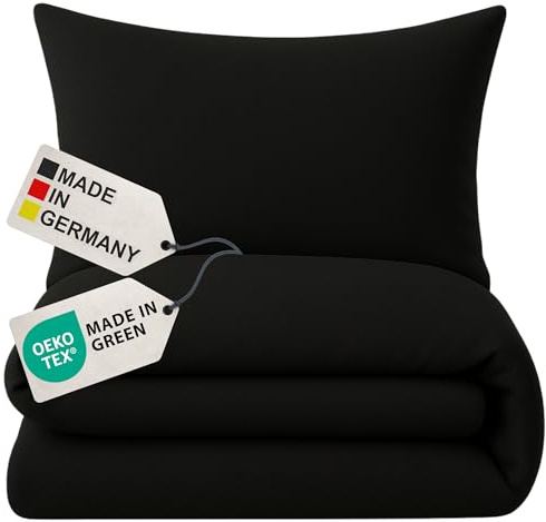 NYVI Biber Winter Bettwäsche Deluxe mit Reißverschluss - Flauschige Bettgarnitur, 100% Baumwolle, 145g/m², Einlaufschutz - 155x220 cm Schwarz