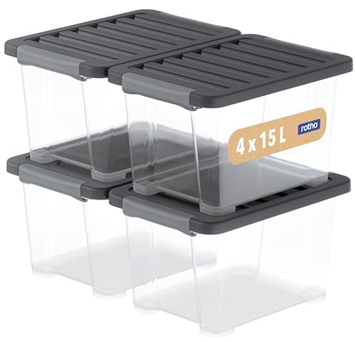 Rotho CORE Plus Aufbewahrungsbox mit Deckel 4 x 15 L Transparent/Schwarz | Aufbewahrungsboxen, stabile Kunststoffboxen mit verschließbaren Griffen, lebensmittelecht, transparent im 4er-Set je 15 L