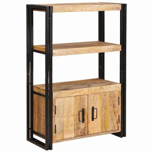 vidaXL Bücherregal mit Türen Braun Massiv Grobes Mangoholz und Metall, Büro, Rechteckig, Industrielles Design, Viel Stauraum, Doppeltüren, Hartholz-Finish, Effizienter Arbeitsplatz, Modernes Layout