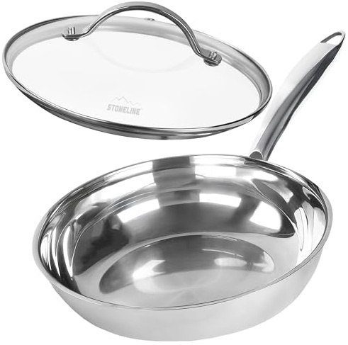 STONELINE PURE Edelstahlpfanne 20 cm, Pfanne mit Deckel, Edelstahl Bratpfanne ohne Beschichtung, spülmaschinenfest, ofenfest, für alle Herdarten und Induktion geeignet