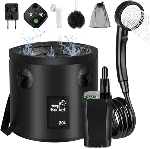 Dhnvcud Rechargeable Camping Shower Pump Kit, 6000mAh LED Digital Display, 4 Spray Modes, 20L Foldable Leakproof Bucket, Waterproof Type-C Portable Outdoor Shower for RV Hiking Pet Washing