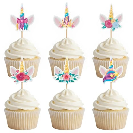 Arthsdite 24Pcs Unicorn Horn Cupcake Toppers, Magical Floral Unicorn Picks for Girls Unicorn Birthday Party, Baby Shower, Princess Dessert Decorations