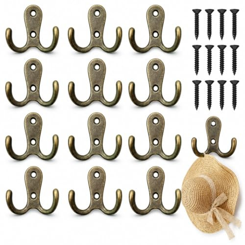 XLTXWD 12PCS Brass Coat Hooks Antique Door Hooks with Screw