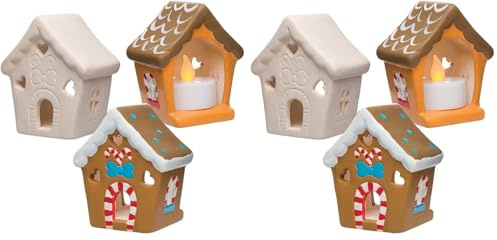 Baker Ross Keramik-Teelichthalter „Lebkuchenhaus“ für Kinder – für weihnachtliche Bastelarbeiten und Dekorationen (4 Stück), Braun, Weiss, Creme (Packung mit 2)