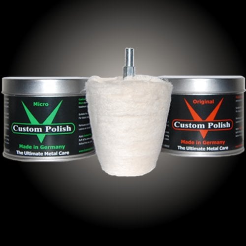 CUSTOM POLISH Polierset 800g Chrompolitur Aluminiumpolitur Chrom Edelstahl Alu Politur + Polieraufsatz in Kegelform