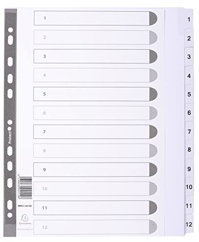 Exacompta - Ref MWD1-12Z-EW - Mylar Printed Indices - For Use With A4+ Documents, Pre-Punched, 160gsm White Card with Reinforced Plastic Tabs, FSC-Certified - 12-Part Dividers (1-12)