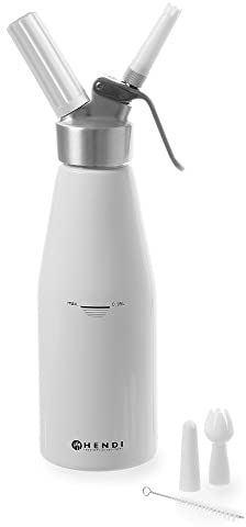 HENDI Sahnespender, Inklusive Set aus 3 Polypropylen Spritztüllen und Reinigungsbürste, Sahne-Mousses-Desserts-kalten Schäumen, 0,95L, ø95x(H) 320mm, Aluminium, Weiß