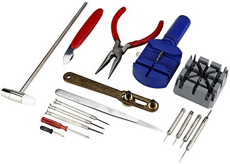 Flexzion Uhrenwerkzeug, 16 tlg. Uhrmacherwerkzeug set, Uhr Werkzeug Set für Armband- & Batteriewechsel, Uhren Reparatur Set mit Gehäuseöffner, Gehäusemesser, Stiftaustreiber, Schraubendreher, Hammer