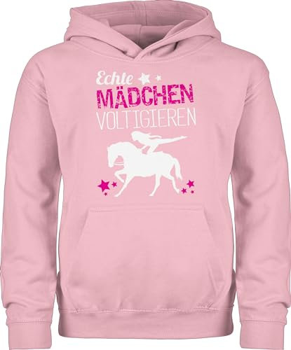 Kinder Hoodie Jungen - Pferd Pferde - Echte Mädchen voltigieren - 140 (9/11 Jahre) - Hellrosa - pferdepulli pferdepullover reiten volti pullover reitersachen reithoodies pferdeliebhaber horses