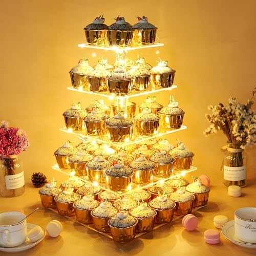 Vdomus 5-stufig Acryl Cup Cake Ständer Display-Turm mit LED-Saitenlichtern, Dessertbaumturm Display abgestufte Cupcake Standhalter Platte für Geburtstags Hochzeitsfeier Feier, Warm