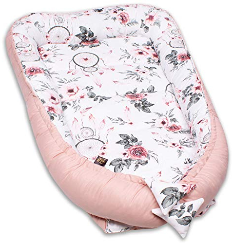 PaLulli 120x60 cm Babynest Babynestchen XXL Babykokon 2seitig 100% Baumwolle Kissen Nestchen für Babybett Reisebett für Baby und Säugling Feathers (Roses)