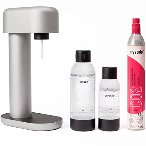 Mysoda: Ruby Set - Wassersprudler aus Aluminum mit 1L und 0.5L Quick-Lock BPA-frei Plastikflasche und CO2-Zylinder - Silber