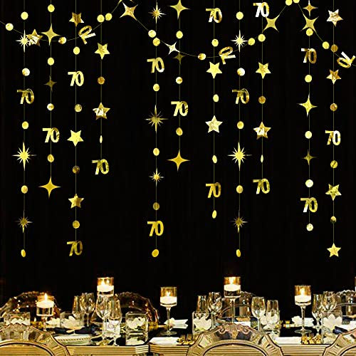 Goldfarbene Dekoration zum 70. Geburtstag, Zahl 70, Kreis, Punkte, funkelnde Sterne, Girlande, Metallic, hängende Luftschlangen, Wimpelkette, Banner Hintergrund für 70. Jahrestag, Frauen und Herren,