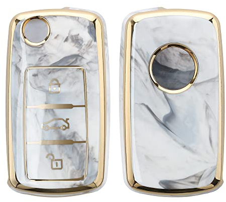 kwmobile Autoschlüssel Hülle kompatibel mit VW Skoda Seat 3-Tasten Autoschlüssel - TPU Schlüsselhülle Cover Marmor Gold Weiß Grau