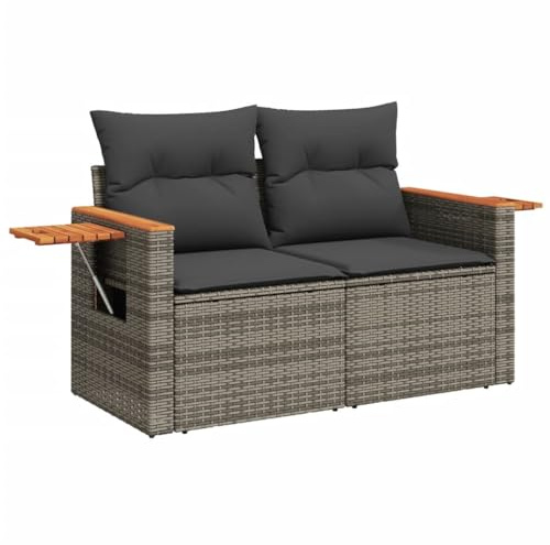 Foknhdi Canapé de jardin 2 places 124 x 62 x 69 cm en rotin synthétique et bois d'acacia avec tablette rabattable et coussins gris foncé