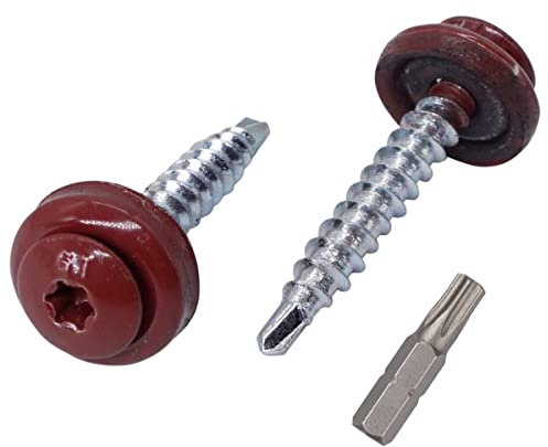 SKIR'CO Lot de 25 vis de toiture en métal, 4,8 x 35 mm, peintes avec rondelles EPDM, vis Torx en tôle (25, rouge oxyde RAL 3009)