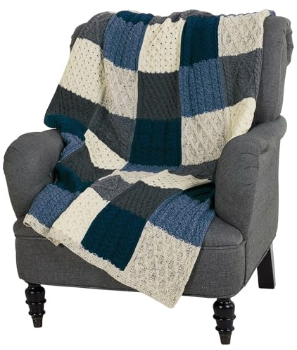 Irische Decke aus 100% Merinowolle, Patchwork-Aran-Stricküberwurf, 152,4 x 101,6 cm, hergestellt in Irland