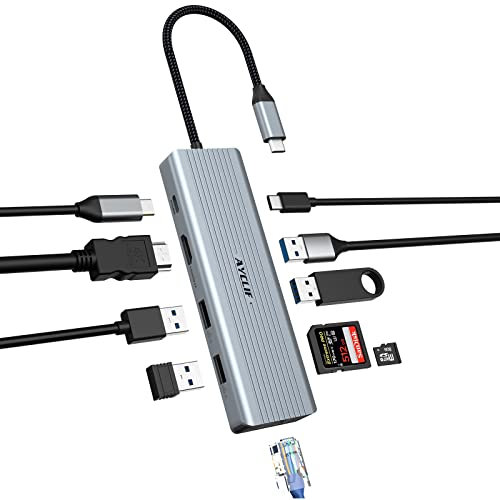 10 in 1 Docking station USB C, Monitor Dopua hub USB C, Adattatore USB C per Laptop (Gigabit Ethernet, 4K HDMI, USB 3.0, PD 100W, 3,5 mm MIC, lettore SD/TF) per MacBook Pro/Air, HP, Lenovo, Dell