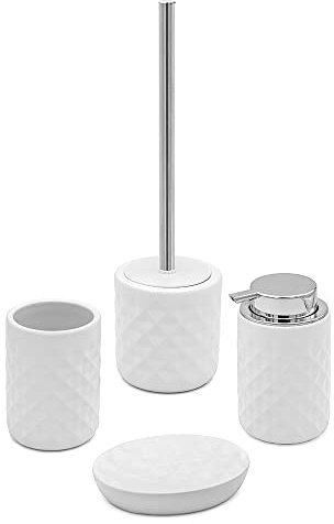 Set Bagno Accessori Completo – 4 Pezzi, Kit Accessori appoggio Ceramica, Include Dispenser, portaspazzolini, portasapone e scopino WC, Linea Cristal