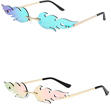 2 Stück Creative Flamme Form Brillen Unisex, Flame Fashion Sonnenbrillen, Flammenbrille Rahmenlose Sonnenbrillen, Randlos Welle Sonnenbrille Mode, Persönlichkeit für Party Strand Draussen