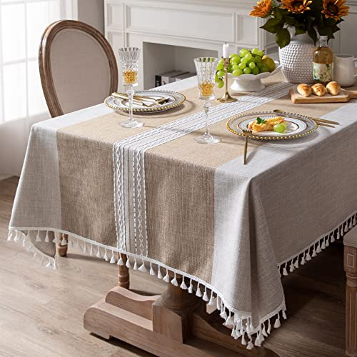 Bestickte quadratische Tischdecke Kariert Rustikal Knitterfrei Stoff Tischdecke für Küche Essen Party Urlaub, Braun gestreift, 140 x 140 cm
