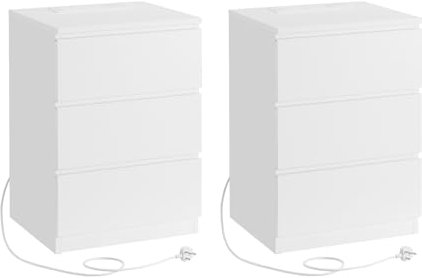 VASAGLE KAILYN Collection - Bedside Tables with Power Strip, Set of 2 Side End Tables with Drawers, 2 AC Outlets, 2 USB Ports, for Living Room, Bedroom, Study, Cloud White LET831W15
