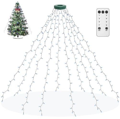 aneeway Christmas Tree Lights 200LED, Christmas String Lights Waterproof 1.5m 10 Strands 8 Modes Christmas Decorations Xmas Lights with Memory for Indoor Outdoor Decoration - Cold White