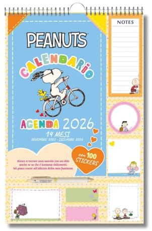 EURO PUBLISHING: Peanuts Kalender 2026, 14 Monate, offizielles Produkt, 29 x 44 cm (bestehend aus Stift, Notizblöcken, Aufklebern und Haftnotizen) - auf Italienisch
