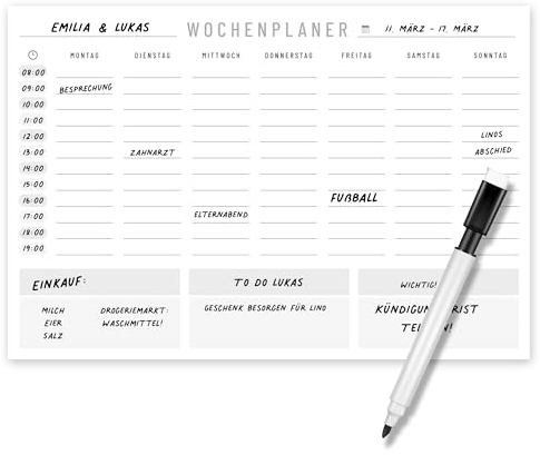 KOKO&LORA® Magnetischer Wochenplaner für den Kühlschrank mit Marker - abwischbarer Familienplaner, Tagesplaner, Terminplaner