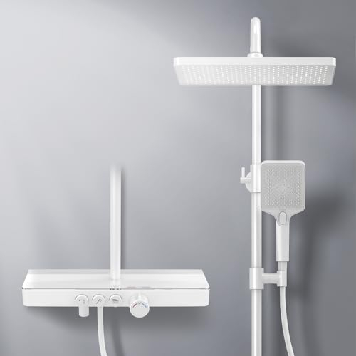 EMKE Duschsystem mit Thermostat Duschsäuleset Duschset, 45cm Thermostatische Platte, Handbrause 3 Strahlarten, Regendusche mit Armaturm, Duschamaturenset Regendusche, KTW-Zertifizierung,MattWeiß