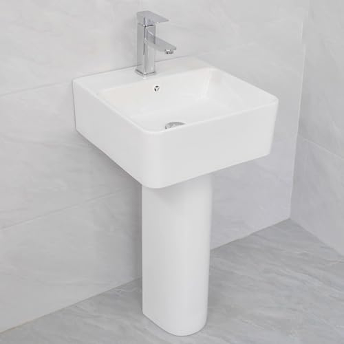 Lavabo de Cerámica Fregadero de pedestal de cerámica para baño, Fregadero de pedestal independiente de una pieza, con rebosadero y grifo en plata, Fregadero de pedestal en blanco brillante