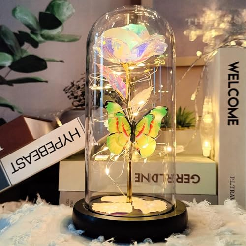 NLIGHTING Rosa Eterna Galaxy Bianca in Campana di Vetro Idea Regalo Festa della Mamma Fidanzata Moglie Rosa Galaxy Bianca Kit la Bella e la Bestia in Campana di Vetro