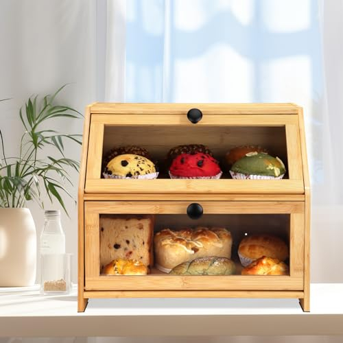 RayLove Wooden Bread Box, Double Layer Bread Bin, Large Breads Storage Container for Kitchen Counter Corner, Cabinet, Pantry, Cupboard (-Assembly) (Primary Color)