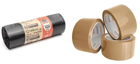 Relevo 150L Heavy Duty Bin Bags, Bin Liners, Black Bin Bags with A 100kg Weight Resistance & ARVO Parcel Tape Strong Heavy Duty General Purpose Packing Tape 3 rolls with Low Noise - 48mm x 60m