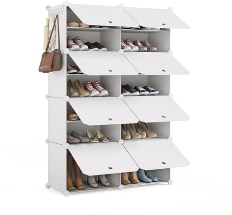 Mondeer Shoe Storage Cabinet, Modular Plastic Shoe Rack, Cube Shoe Organizer, Dustproof and Waterproof, 8-Layer Stackable Shoe Cabinet for Foyer, Bedroom, Living Room, Holds 32 Pairs of Shoes, White