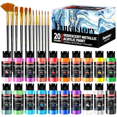 fantastory Metallic Iridescent Acrylic Paint Set with 12 Brushes, 20 x 2oz Metallic Colors, Color-Shifting, Craft Paint Kit, Metal/Canvas/Rock/Stone/Ceramic/Model/Wood Painting [Professional Series]