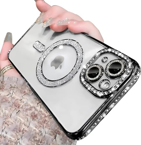 Sitthyw Coque iPhone 13 Magnétique à Paillettes Bling Luxe Diamant Housse Transparente Compatible avec MagSafe Housse Souple Silicone TPU Protection Caméra Anti-Rayures Antichoc Case, Noir