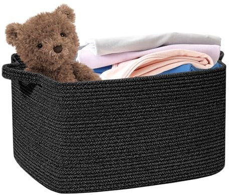 Aufbewahrungskorb Groß, Korb Geflochten Wäschekorb, Spielzeug Aufbewahrung Kinderzimmer, Aufbewahrungskorb Geflochten, Korb Aufbewahrung, Korb für Decken, Körbe Aufbewahrung, 55x38x30cm (Schwarz1)