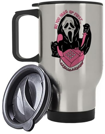 Giftme No You Hang Up First, Horror, Ghostface, Ghost Mask, Halloween, Insulated Travel Mug, Tea, Coffee Mug. (Silver)