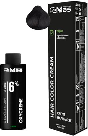 Femmas Set de tinte de pelo marrón medio ámbar chocolate 4.89 I Hair Color Cream 100 ml + crema de óxido 100 ml 6% I coloración permanente del cabello + desarrollador I Suave y duradero I Tinte de