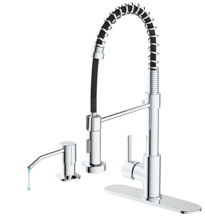 Küchenarmatur mit ausziehbarer Brause Mischbatterie Küchen mit 360° schwenkbarer Feder Küchenarmatur mit Seifenspender und Abdeckplatte, Spültisch-Einhebelmischer aus Messing (Set, chrom)